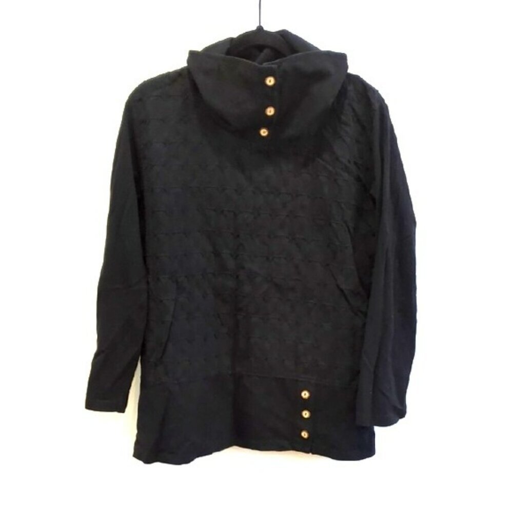 Langenlook Artsy Black Funnel Neck Button Tunic Top Focus Casual Life Size S EUC